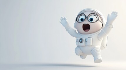 Aufkleber - A cheerful cartoon baby in a spacesuit, excitedly jumping in a bright, minimalistic setting.