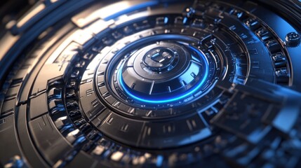Poster - Close-up of a futuristic metallic mechanism with a glowing blue ring.