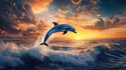 Aufkleber - Stunning dolphin leaping from the ocean waves at sunset with a cloudy sky in the backdrop