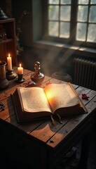 Open book on a rustic wooden table with warm light shining, creating a timeless and mysterious atmosphere in a cozy room