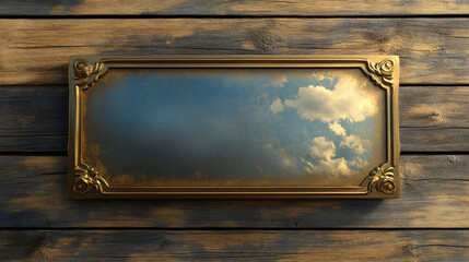 Wall Mural - Vintage and artistic ambiance created by a rustic wooden wall with an elegant golden frame reflecting a cloudy blue sky