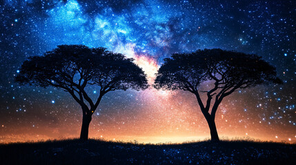 Wall Mural - Two majestic trees cast their silhouettes against a stunning starry night sky, forming a tranquil and enchanting view
