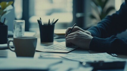 Poster - A person working at a desk with a laptop, papers, and a coffee cup.