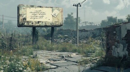 Poster - A desolate landscape featuring an abandoned billboard amidst overgrown vegetation.