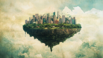 Poster - Surreal and futuristic cityscape of a floating island with skyscrapers, green trees, and vintage-style birds above the clouds