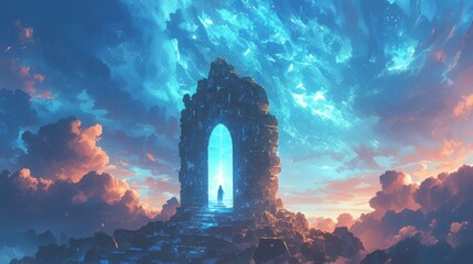 Wall Mural - a glowing doorway nestled in the clouds offering a glimpse into a surreal and fantastical realm.