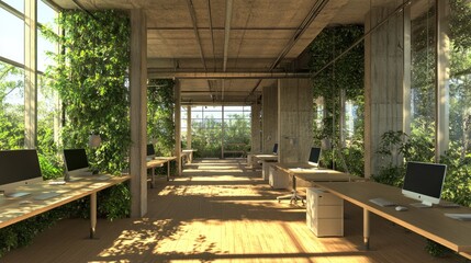 Aufkleber - Modern office interior with large windows, wooden desks, and green plants.