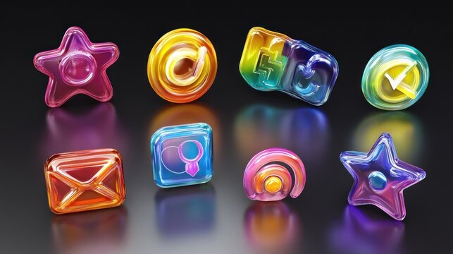 Colorful Glass Icons Reflecting on Dark Surface