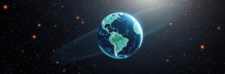 Wall Mural - earth rotating loop of rotating glowing dots stylised world globe with orbits, science, digital art