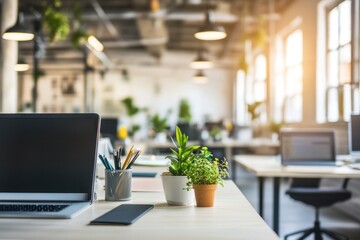 Poster - Modern office workspace with laptop, plants, and office supplies.