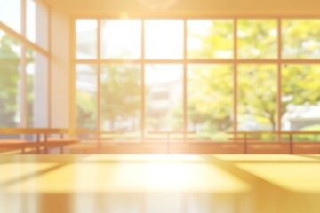 Poster - Sunny and bright cafe interior with wood table and window view.