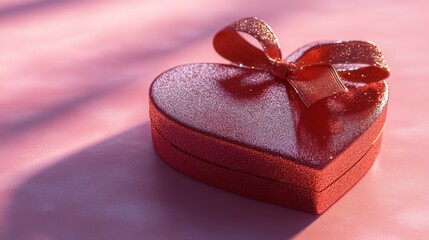 Poster - A red heart-shaped gift box with a glittery bow on a pink surface.