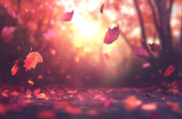 Poster - Falling autumn leaves with a blurred sunset background.