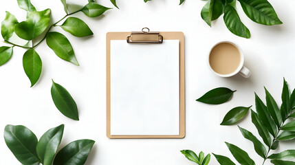 Wall Mural - flat lay of clipboard, coffee, and green leaves on white background.