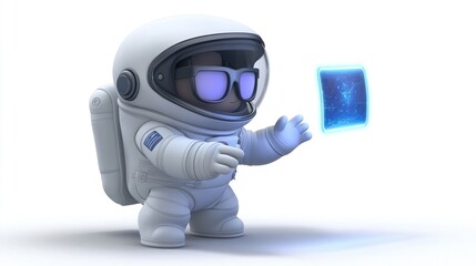 Poster - Cartoon astronaut in a spacesuit holding a glowing screen with an interactive map of the universe.