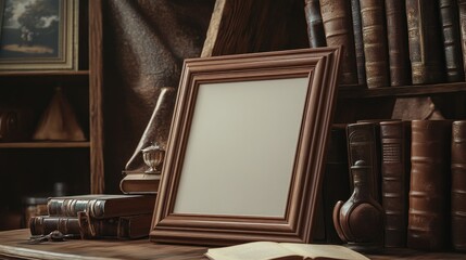 Poster - Wooden Frame Amongst Antique Books and Vintage Decor