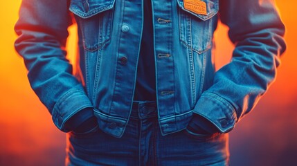 Close-up of a person wearing a blue denim jacket with hands in pockets, standing in front of an orange and blue sunset.