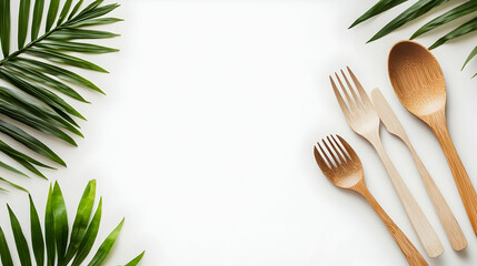 Wall Mural - flat lay of wooden cutlery and palm leaves on white background.