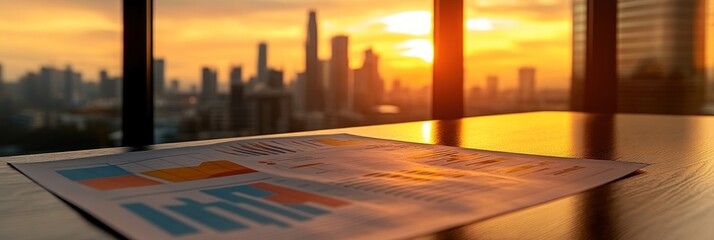 Poster - A sunset view of a city skyline with business charts on a table in the foreground.