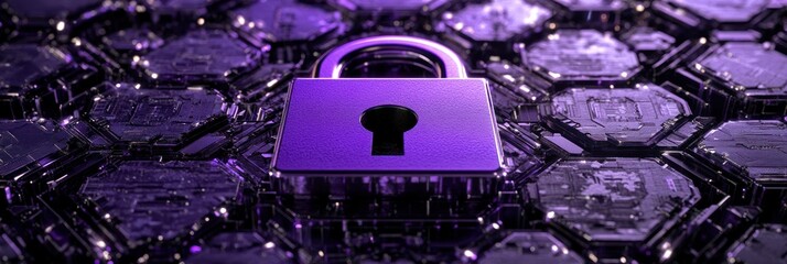 Poster - A purple padlock on a hexagonal digital background, symbolizing cybersecurity and protection.