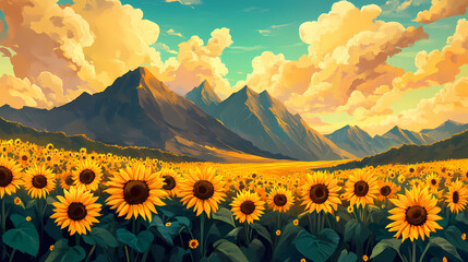 Wall Mural - A vibrant sunflower field in bloom, with majestic mountains and flowing clouds, bathed in the golden light of the sun on a stunning landscape. Golden Sunflower Fields. Illustration