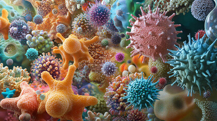 Poster - Microscopic view of various colorful cells and viruses floating in an organic environment, possibly representing the human immune system