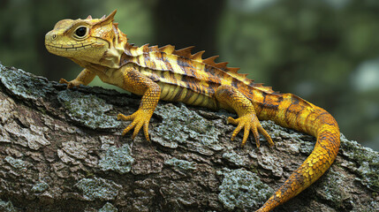 Poster - Boyd's forest dragon resting on a tree branch in a rainforest environment, displaying vibrant colors and intricate scales