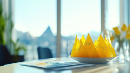 Poster - A decorative yellow crown sits on a table with a scenic view in the background.
