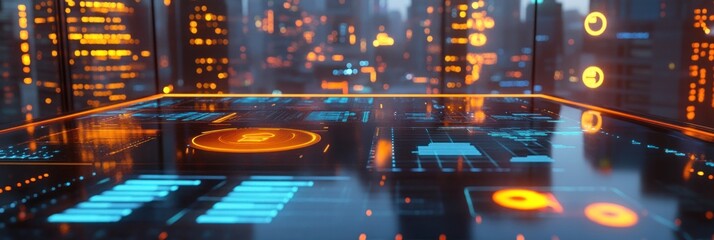 Aufkleber - Futuristic cityscape with glowing digital interfaces and holographic displays.