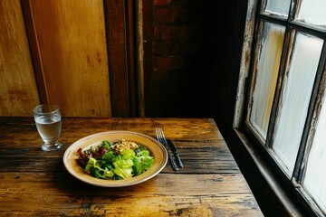 Wall Mural - A bowl of fresh salad sits on a rustic wooden table, accompanied by a glass of water and silverware, near a window. - Generative AI