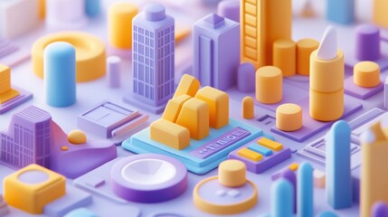 Poster - A colorful 3D cityscape model featuring various geometric buildings and structures.