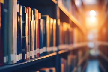 Poster - Rows of colorful books on a bookshelf in a library.