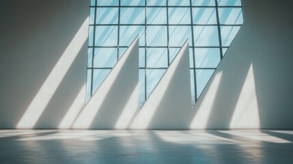 Aufkleber - Sunlight streams through a large window casting triangular shadows onto a white wall and concrete floor.
