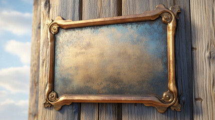 Poster - Elegant brass plaque with textured surface hanging on aged wooden planks with cloudy sky background