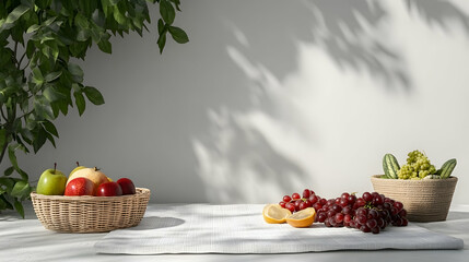 Wall Mural - fresh fruits in baskets on a white table with plant and shadow.