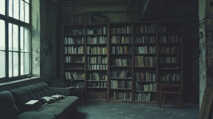 Poster - A dimly lit room with a bookshelf, sofa, and scattered books, evoking a sense of solitude.