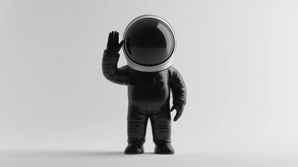 Poster - A black and white cartoon astronaut stands against a white backdrop, raising its right hand in a wave.