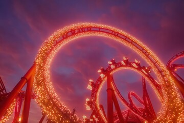 Aufkleber - A vibrant roller coaster illuminated with lights against a twilight sky.