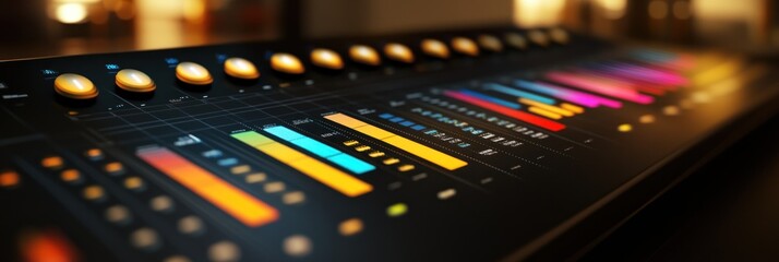 Poster - Close-up of an audio mixing console with colorful faders and knobs.