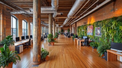 Aufkleber - A modern office space with wooden floors, plants, and workstations for productivity.
