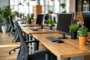 Fototapete - Modern office workspace with desks, chairs, and computers.