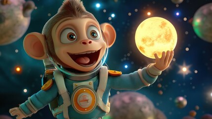 Aufkleber - A happy monkey astronaut reaches out to a large moon in space.