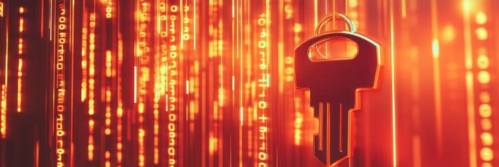Poster - A shiny golden key in front of a background of vertical lines of orange binary code.