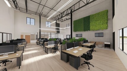 Fototapete - Modern open office space with large windows, natural light, and a living wall.