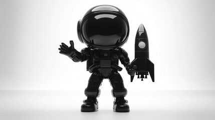 Poster - Black astronaut holding a rocket, standing in a white background.