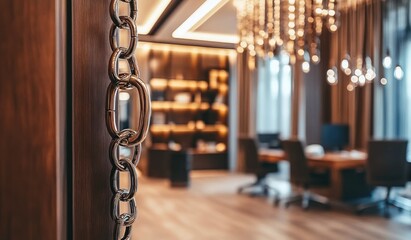 Fototapete - Close up of a silver chain hanging on a wooden door with an office interior out of focus in the background.