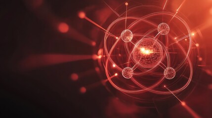 Poster - Abstract red glowing atom with electrons orbiting the nucleus, representing science and technology.