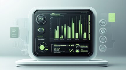 Futuristic interface with charts and graphs on a white screen.