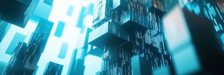 Poster - Abstract digital landscape with towering geometric structures and glowing elements.