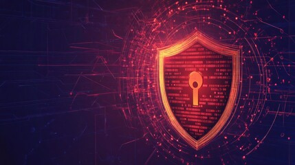 Poster - A digital shield symbolizing cybersecurity with binary code and glowing elements.